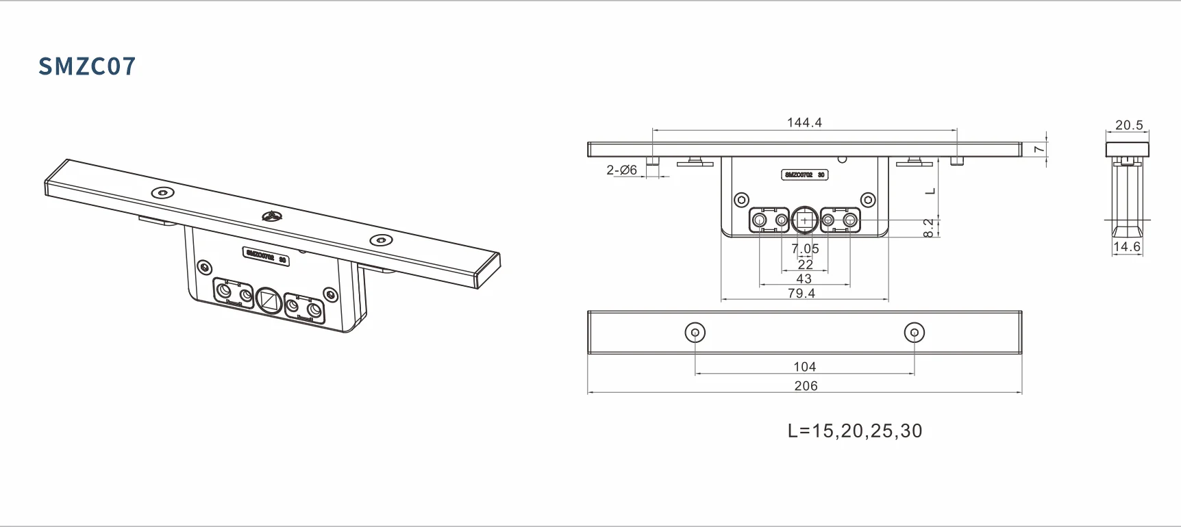 SMZC07 original factory technical drawing with L dimensions and 206 millimetre cover