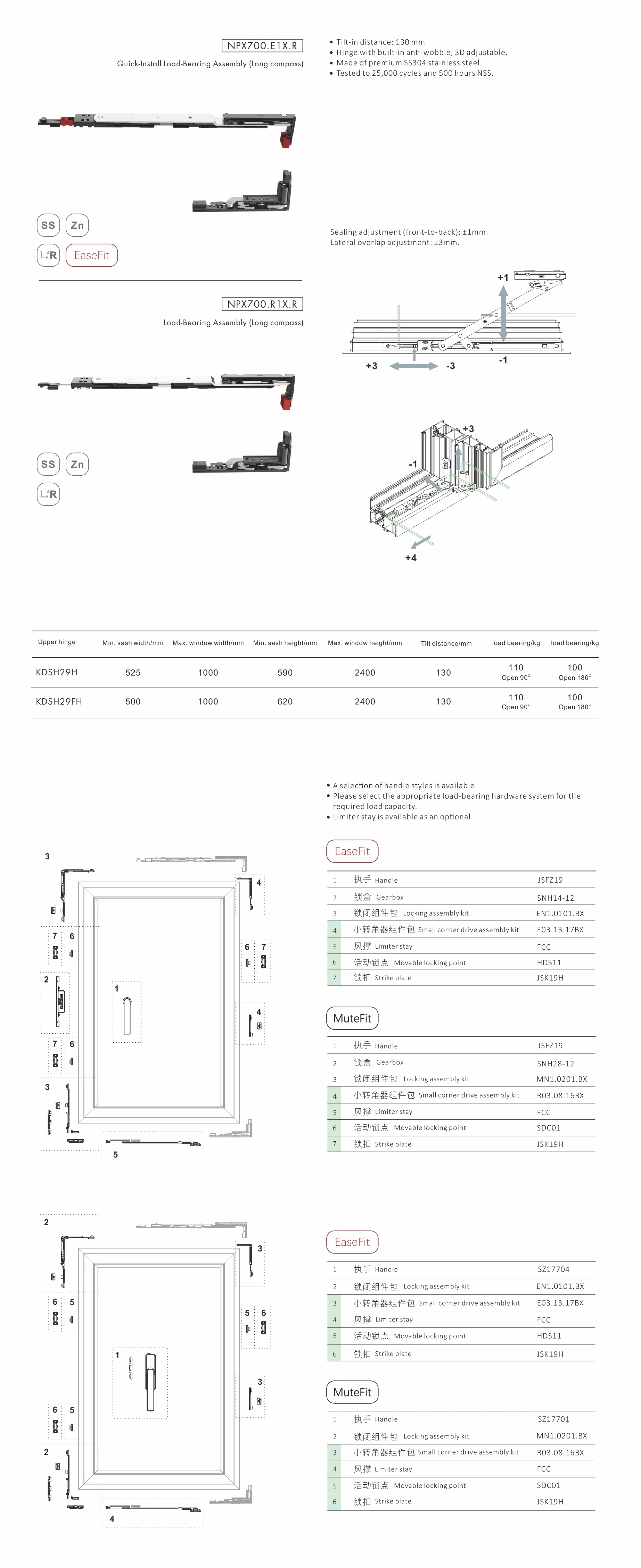 Complete English JNPX700 long tie rod technical drawing for aluminium tilt and turn windows