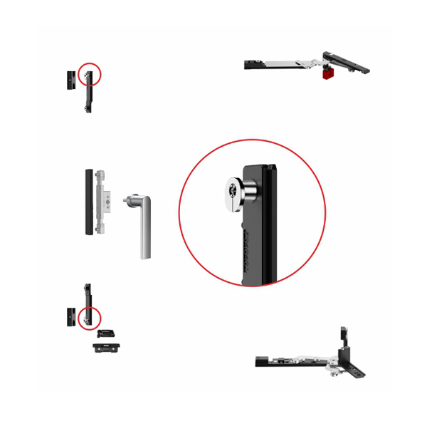 Aluminium casement window system shown with its hardware arrangement