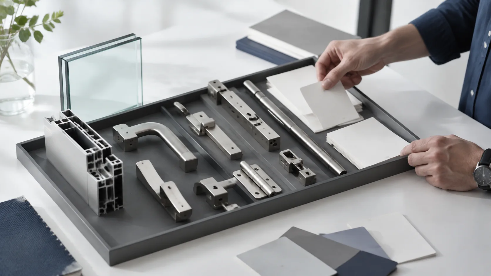 Matched window and door hardware samples prepared for technical review