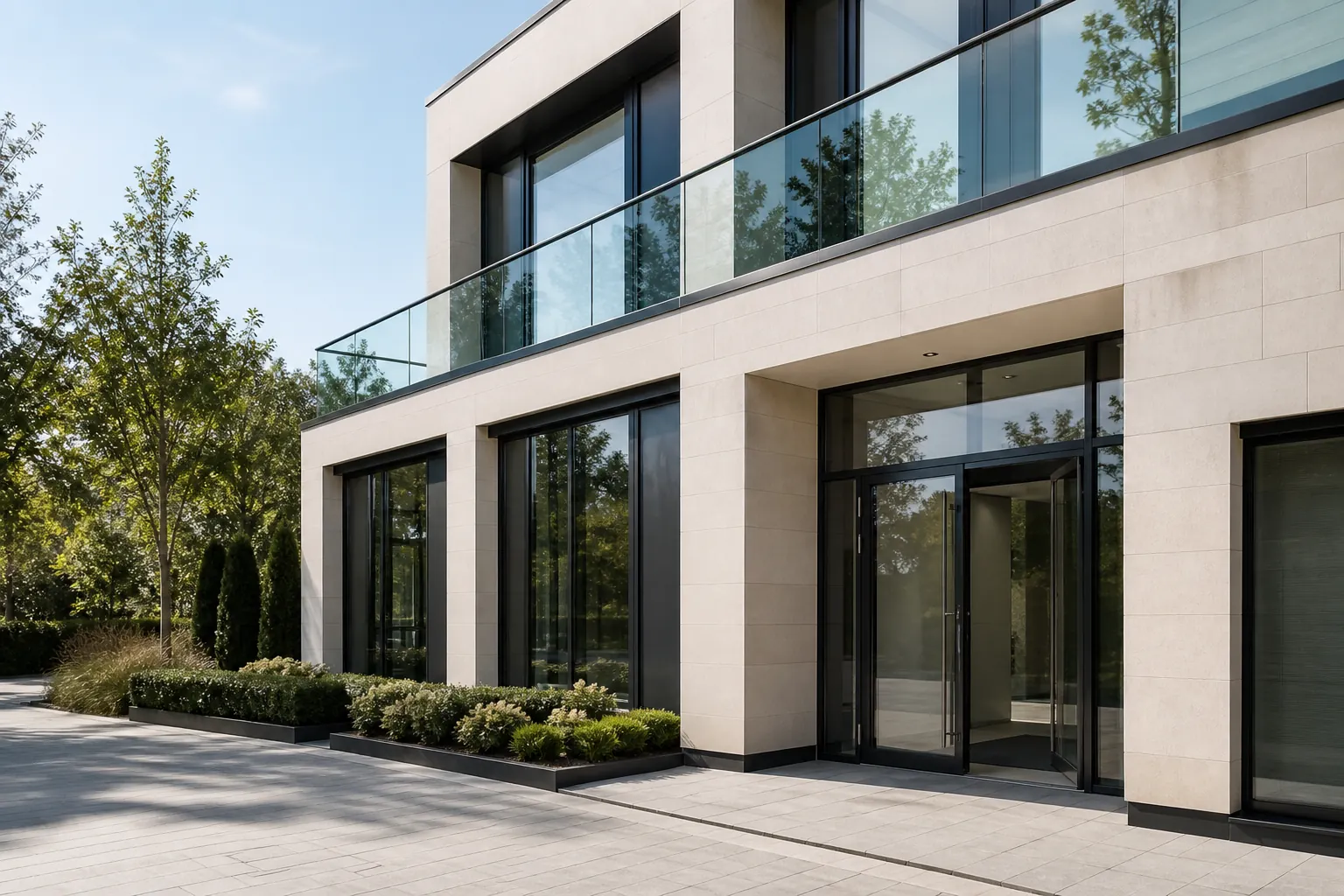 Contemporary building with aluminium windows, glass balustrade and glazed entrance