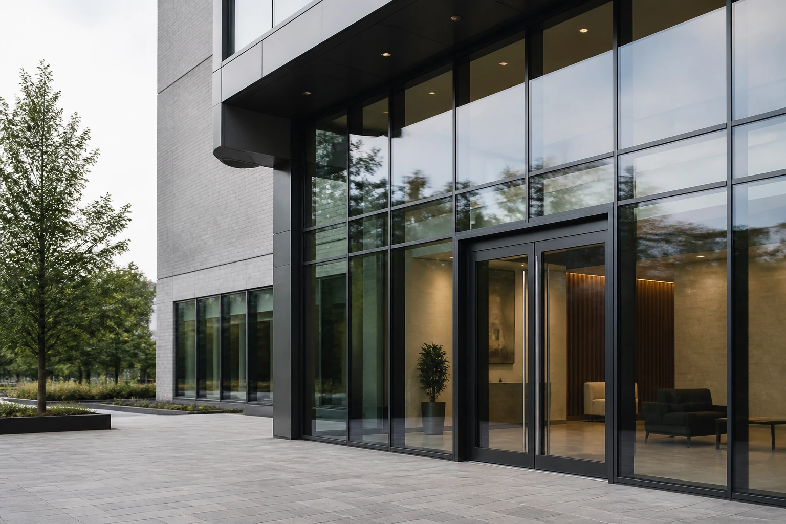 Commercial building with aluminium windows, curtain wall glazing and glass entrance doors