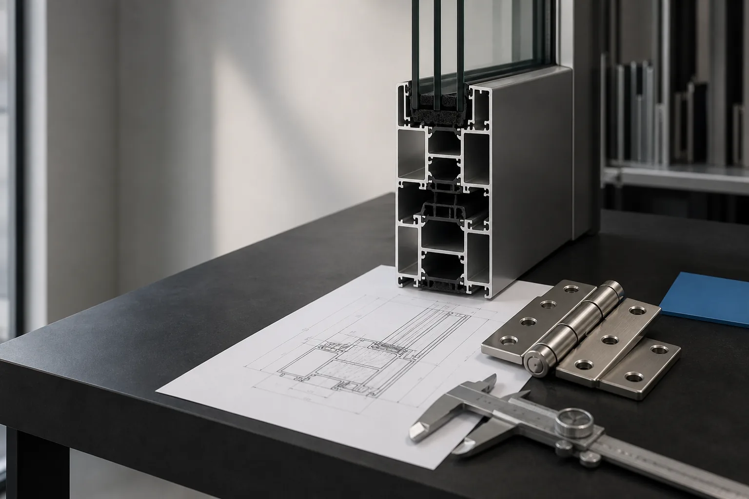 Aluminium profile section, architectural drawing and hinge prepared for hardware matching