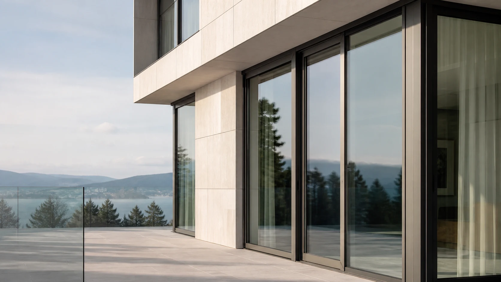 Aluminium window and lift-slide door systems on a modern building facade