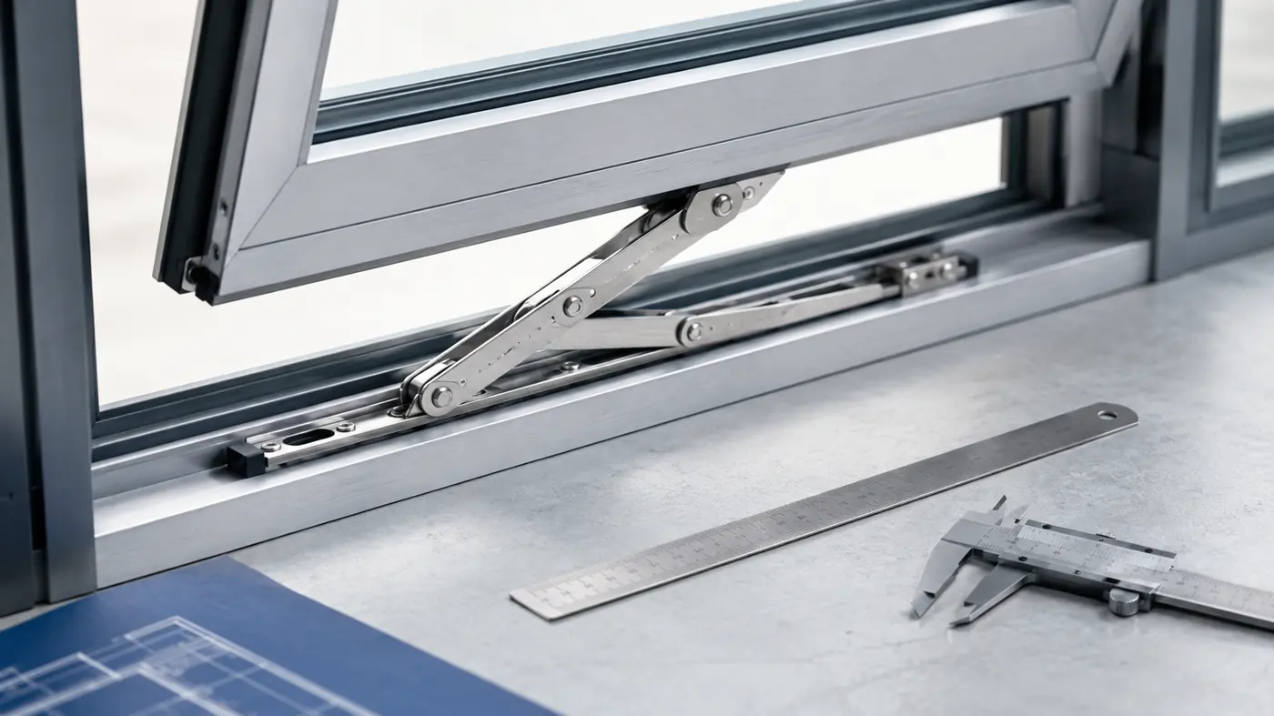 Open aluminium casement window with a friction stay, ruler and caliper for checking hardware dimensions