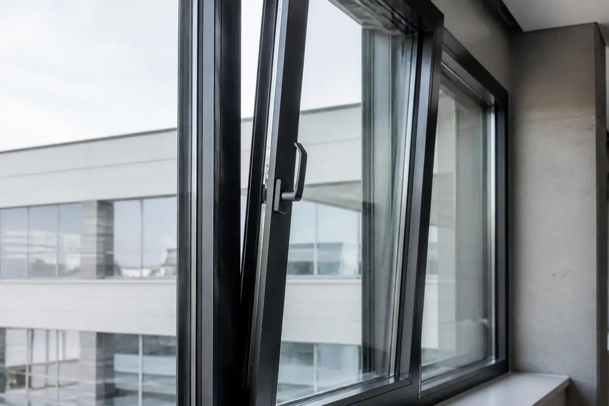 Dark aluminium tilt and turn window in a commercial interior
