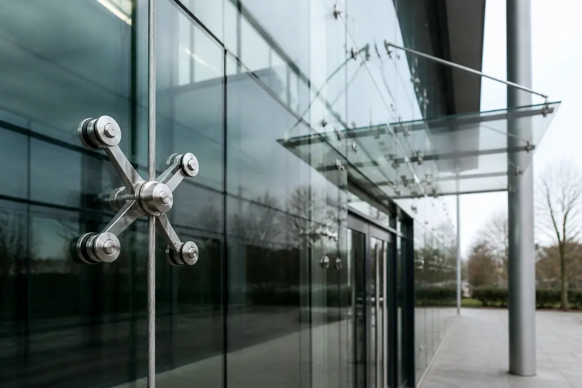 Point-supported glass facade with stainless steel spider fitting