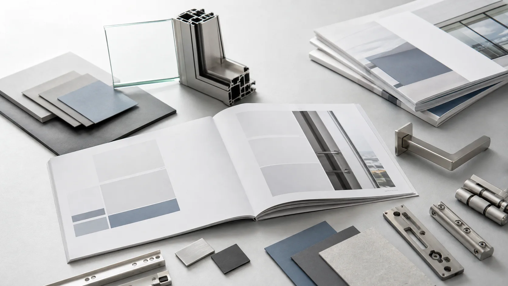 Architectural hardware catalogues and product samples arranged for selection