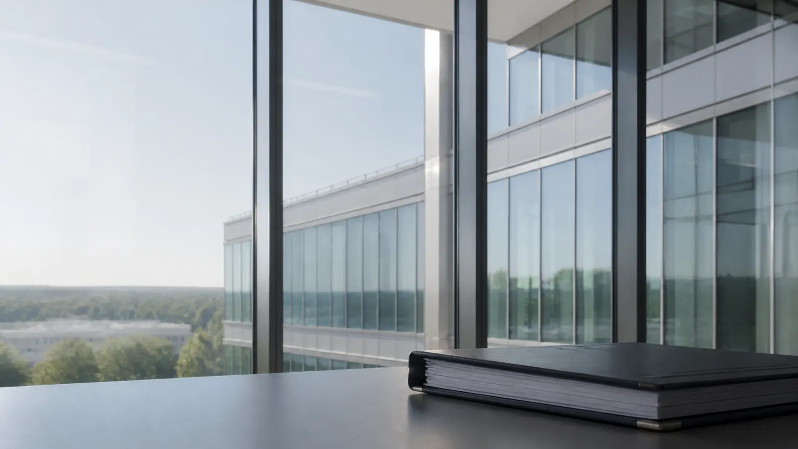 Architectural glass facade and a closed technical reference binder